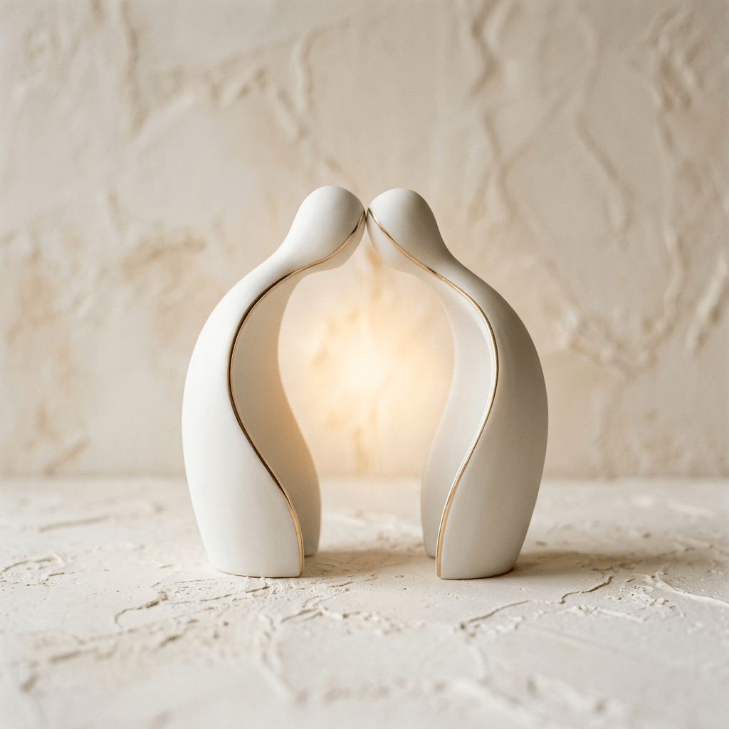 The astrologer and you -two minimalist, abstract porcelain shapes delicately leaning towards each other, symbolizing a 'safe, human dialogue.' Between them, a soft, warm golden glow emerges, representing 'clarity and insight.'