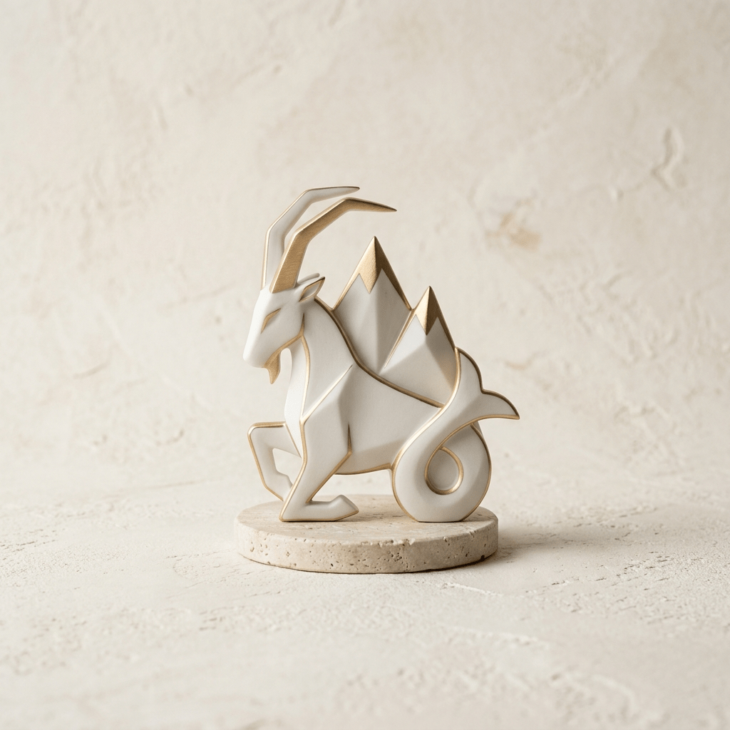 Capricorn - A minimalist, architectural mountain peak carved from white porcelain with sharp, golden edges