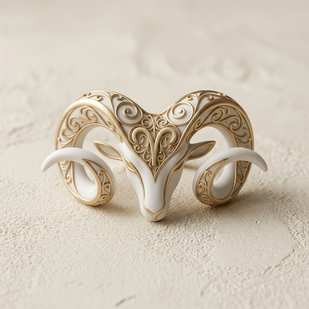Aries -A minimalist, avant-garde representation of Ram horns, designed as a sleek luxury sculpture.