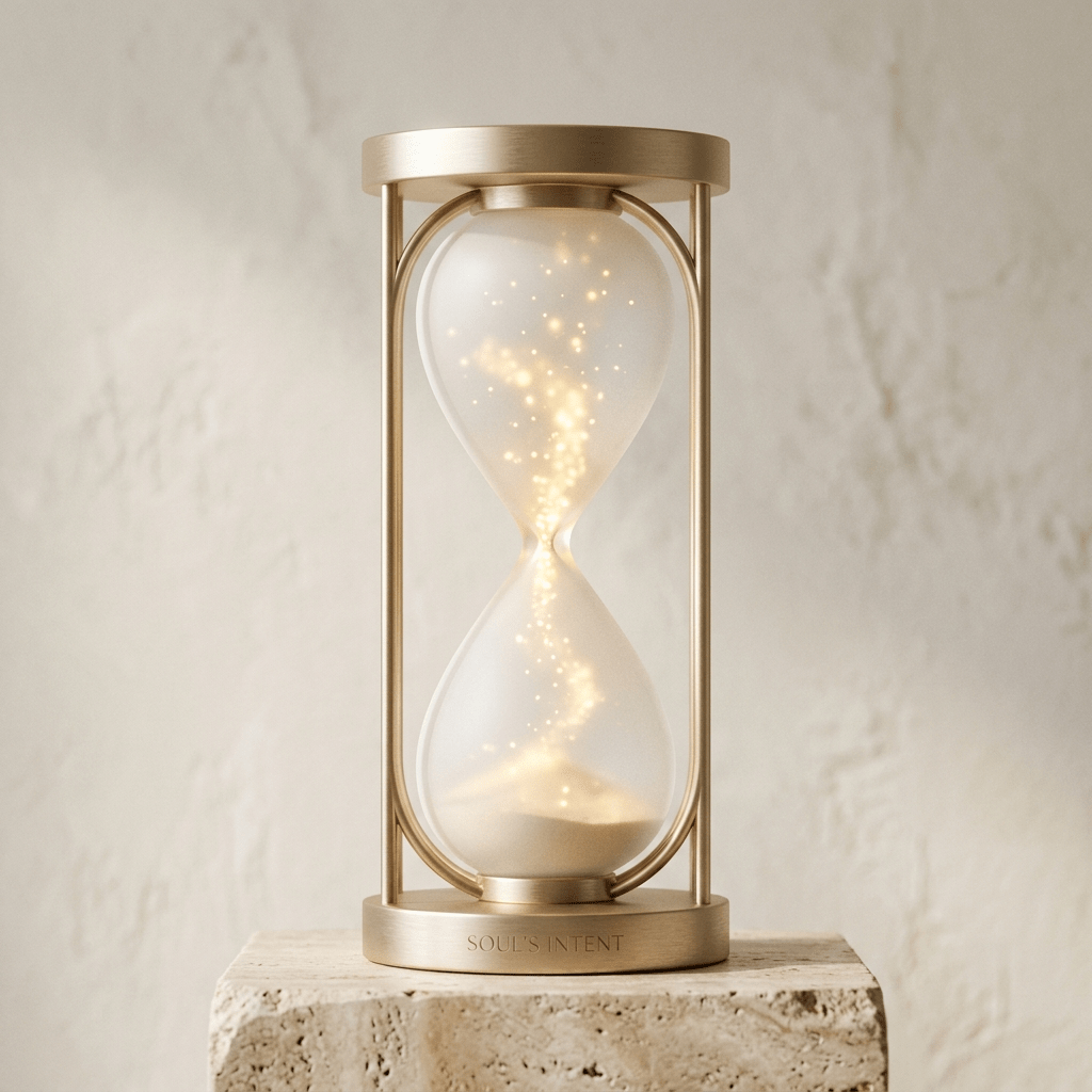 Minimalist hourglass sculpture in champagne gold and porcelain, representing the evolution of soul intent in evolutionary astrology by Alice Sârbu