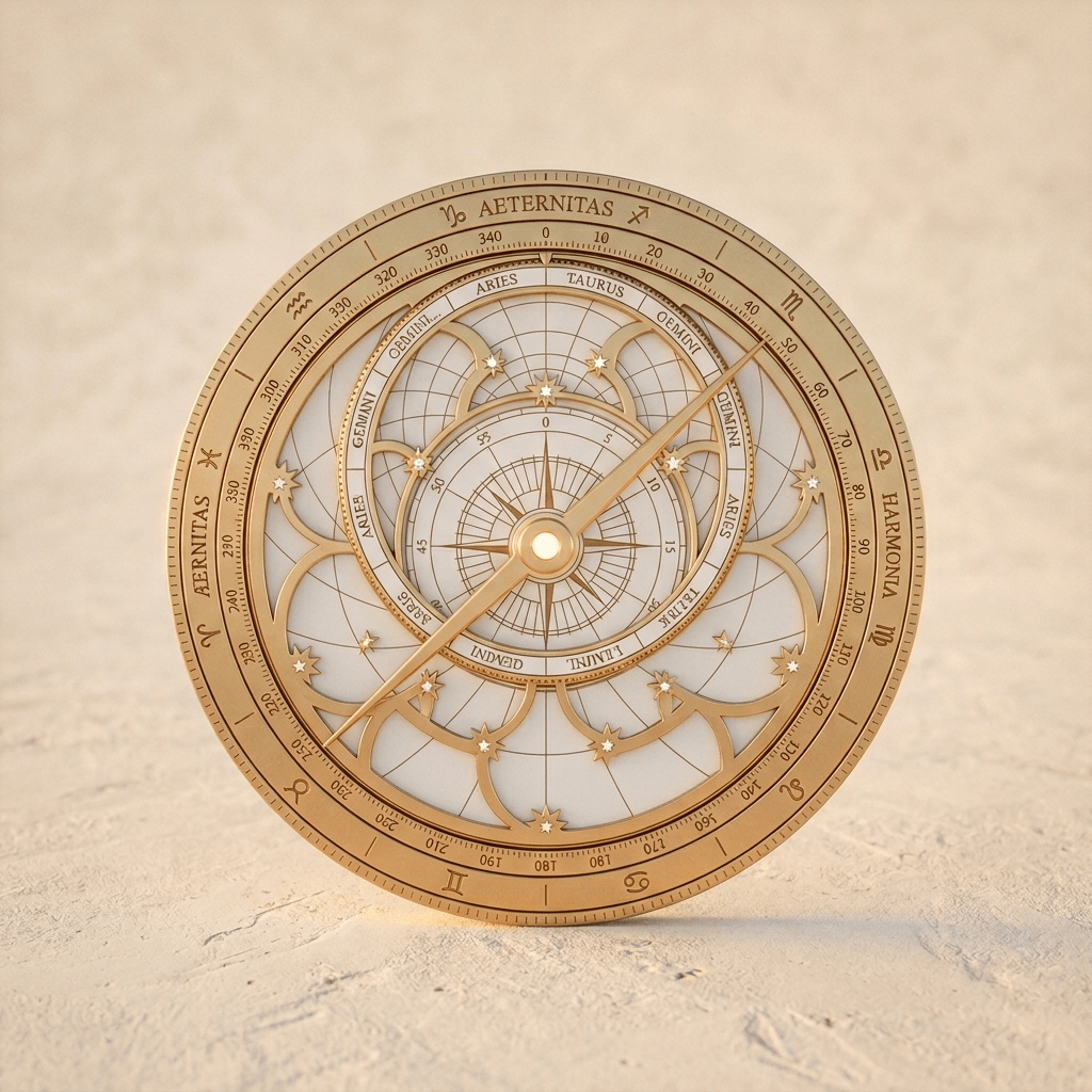 Stylized champagne gold astrolabe on a textured cream background, representing the integration of astrological insights and personal recalibration in Astro-coaching by Alice Sarbu