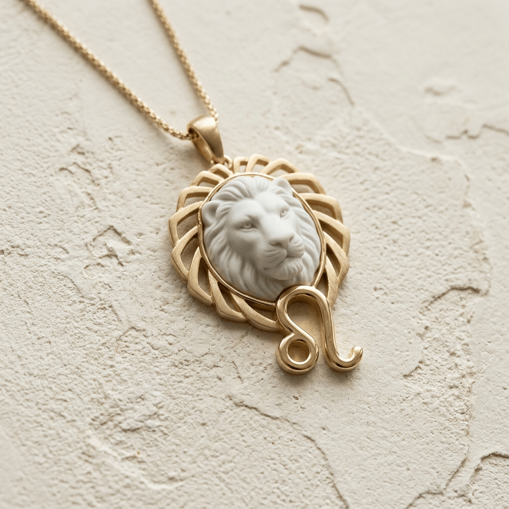 Leo - A regal, stylized Lion head designed as a luxury sculpture, rendered in brushed champagne gold with polished white porcelain eyes