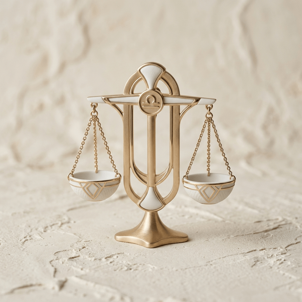 Libra - A minimalist, Art Deco balanced scale made of brushed copper and white marble