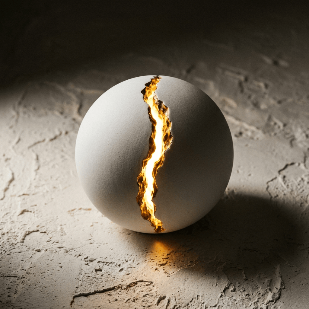 Abstract white porcelain sphere with a glowing golden core, symbolizing Pluto as the soul's battery and inner power in Astro-Coaching by Alice Sarbu