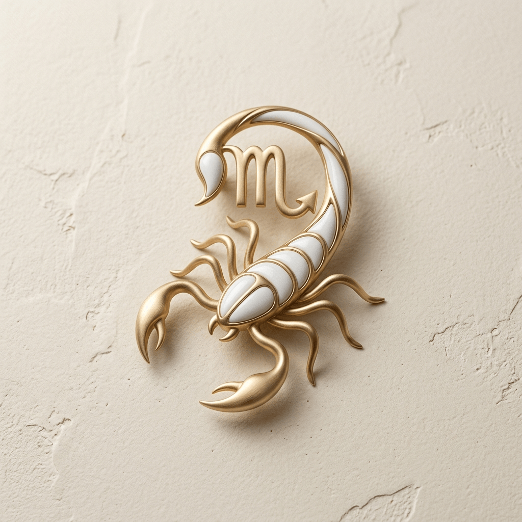 Scorpio An avant-garde scorpion silhouette crafted from matte white porcelain and polished dark gold. The tail is stylized as a sharp, minimalist geometric curve. High-fashion aesthetic