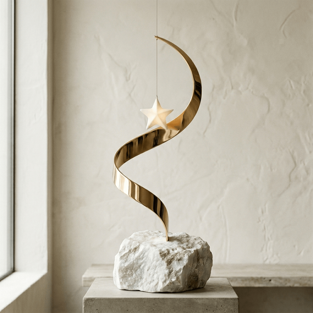 Luxury sculpture of a gold ribbon connecting raw marble to a porcelain star, illustrating the evolutionary arc of Lunar Nodes. Astro-coaching by Alice Sarbu