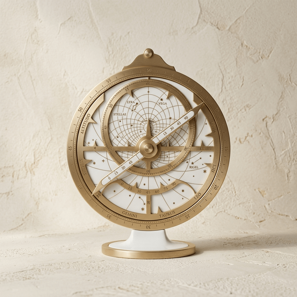 Stylized champagne gold and white porcelain astrolabe, representing the intersection of logic and cosmic intent in Alice Sârbu’s astro-coaching for functional, intelligent people.